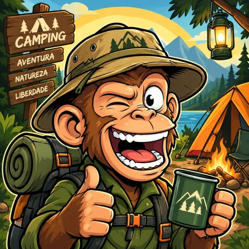 Macaco das Promos de chapéu de explorador, com mochila e caneca, acampando